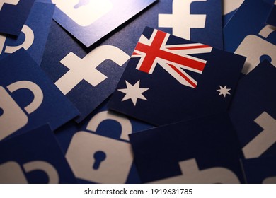 PENANG, MALAYSIA - 18 FEB 2021: Facebook Inc has started restricting the sharing of news on its service in Australia in fight over payments. Soft focus image on Australia flag.