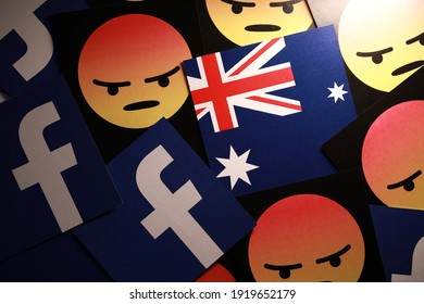 PENANG, MALAYSIA - 18 FEB 2021: Facebook Inc has started restricting the sharing of news on its service in Australia in fight over payments. Soft focus image on Australia flag.