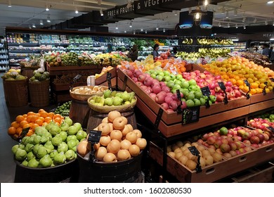 PENANG, MALAYSIA - 2 DEC 2019: Fresh local fruits and vegetables for sale in Mercato grocery store. Mercato is the coolest fresh premium supermarket in Malaysia.