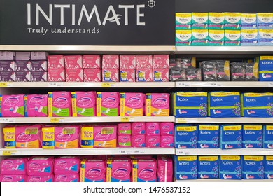 PENANG, MALAYSIA - 23 JULY, 2019: Aisle View Of Various Brand Of Feminine Hygiene Products  On Shelf In Tesco Grocery Store.