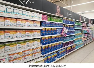 PENANG, MALAYSIA - 23 JULY, 2019: Aisle View Of Various Brand Of Feminine Hygiene Products  On Shelf In Tesco Grocery Store.