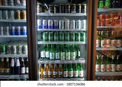 PENANG, MALAYSIA - 25 AUG 2020: Various Brand Of Local And Imported Cold Beer Display On Refrigerator Store Shelf. Beer Is One Of The Oldest And Most Widely Consumed Alcoholic Drinks In The World.