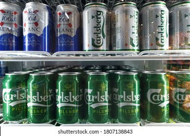 PENANG, MALAYSIA - 25 AUG 2020: Various Brand Of Local And Imported Cold Beer Display On Refrigerator Store Shelf. Beer Is One Of The Oldest And Most Widely Consumed Alcoholic Drinks In The World.