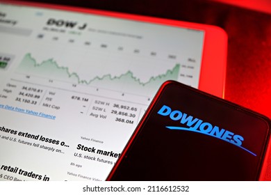 Penang, Malaysia - 25 JAN 2022: Dow Jones Stock Market Crash. Dow Jones Futures Tumble As Selling Returns Ahead Of Fed Meeting.