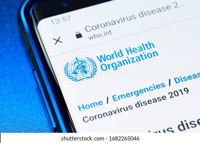 PENANG, MALAYSIA - 25 MAR 2020: Close Up WHO World Health Organization Website With Latest Coronavirus Diseacse News Display On Android Phone.