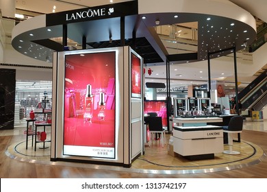 PENANG, MALAYSIA - 27 JAN 2019: Interior of Lancome cosmetic store in Queensbay shopping mall. Lancome is a French luxury perfumes and cosmetics house distributing products internationally.