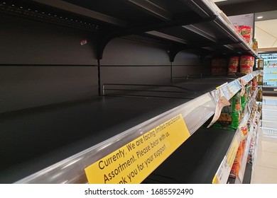 PENANG, MALAYSIA - 28 MAR 2020: View Of Empty Shelves In A Grocery Store. Many Shops Are Low On Goods Due Dangerous Threat Of The Coronavirus.