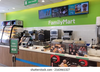 PENANG, MALAYSIA - 7 APR 2022: Interior view of FamilyMart convenience store in Penang. FamilyMart is the third largest Japanese convenience store franchise chain in Japan and operating in Asia. 