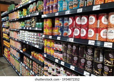 PENANG, MALAYSIA - 8 MAR 2021: Various local and imported brands canned food products in Mercato grocery store. Mercato is the coolest fresh premium supermarket in Malaysia.