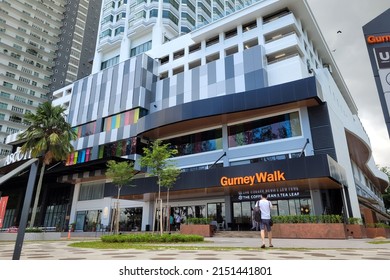 PENANG, MALAYSIA - 9 APR 2022: Exterior view of Gurney Walk and Ascott Hotel at Gurney Drive Penang. It is a new community hub to be inspired, feel authentic and relax.