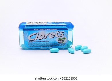 Penang, Malaysia. 9th Dec 2016. Clorets is a brand of candy for breath refreshment. Isolated, white background