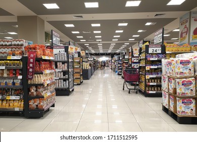 PENANG, MALAYSIA - APR 16, 2020: Interior view of AEON grocery stores in shopping mall, Penang. AEON is the largest retailer in Asia, formerly known as JUSCO supermarkets.