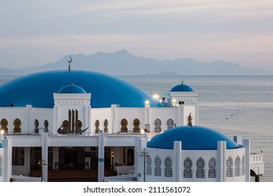 Penang, Malaysia - Dec 20 2021: Penang white and blue floating mosque