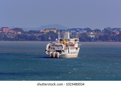 PENANG, MALAYSIA - Dec 21, 2017: Cable laying ship Asean Restorer anchored in front of the development of Pengerang Deepwater Terminal.