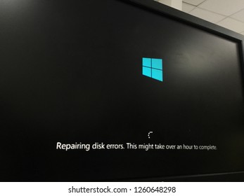 Penang, Malaysia - December 13, 2018 : Close Up On A Windows Error Message “Repairing Disk Errors” On A Personal Computer Screen At Pulau Tikus