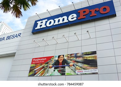 PENANG, MALAYSIA - December 28 2017: Building exterior view of HomePro building at Tesco, Penang. HomePro is a retail business of home center for all home needs.