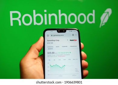 PENANG, MALAYSIA - FEB 1, 2021: GameStop Corp stock index is seen on a smartphone. As retail traders pushed GameStop to record highs, retail investing app Robinhood temporarily restricted trades,