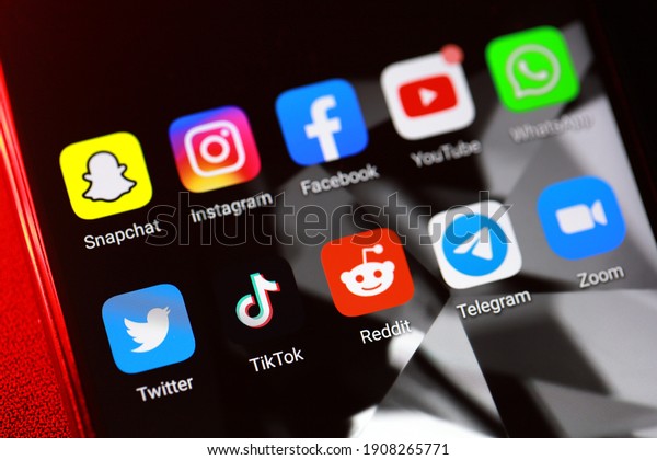 PENANG, MALAYSIA - FEB 1, 2021: Social media\
application icons on an Android phone. Social media are interactive\
digitally-mediated technologies that sharing information via\
virtual networks.