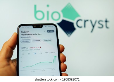 PENANG, MALAYSIA - FEB 2, 2021: BioCryst stock index is seen on a smartphone. BioCryst's stock soars as small traders from a Reddit group team up against big institutions.