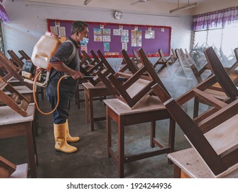 PENANG, MALAYSIA - FEB 25, 2021 : Sanitation Program At School  To Make Sure Pupils Are Safe.