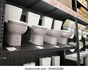 PENANG, MALAYSIA - FEB 5, 2018 : Various brands of new toilet bowl display in HomePro store. HomePro is a hypermarket of home product and building construction in Malaysia.