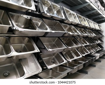 PENANG, MALAYSIA - FEB 5, 2018 : Various brands of stainless steel kitchen sink in department at HomePro interior. HomePro is a hypermarket of home product and building construction in Malaysia.