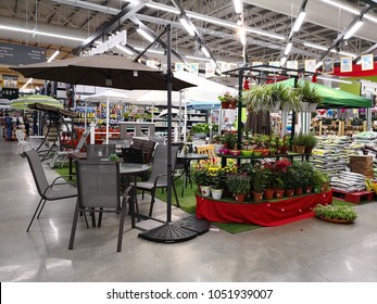 PENANG, MALAYSIA - FEB 5, 2018 : Various brands of gardening furniture, plants and tools in HomePro department store. HomePro is a hypermarket of home product and building construction in Malaysia.