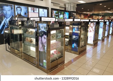 PENANG, MALAYSIA - JAN 18, 2019: Cosmetics and Perfumes store in Aeon Shopping Mall, Penang. AEON is the largest retailer in Asia, formerly known as JUSCO supermarkets.