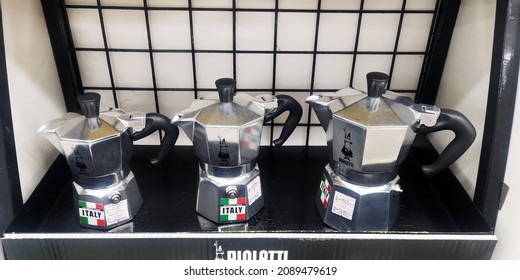 Penang, Malaysia - March 08, 2020: vintage italian Bialetti coffee machine series, dispalyed in a shop window, in Penang Gurney Plaza.