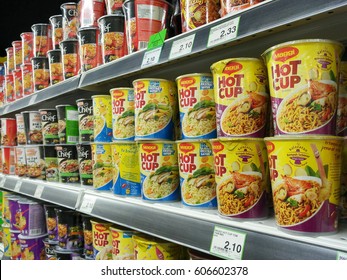 PENANG, MALAYSIA - MARCH 18, 2017: Variety Brand Of Instant Noodles On Display At Supermarket Shelf.