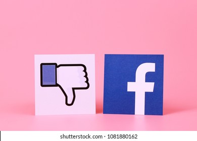 PENANG, MALAYSIA - MAY 1, 2018: Facebook Security And Privacy Issues. Close Up Facebook Logo With The Dislike Icon Isolated On Pink Background