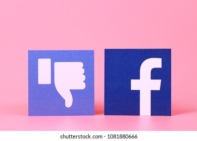 PENANG, MALAYSIA - MAY 1, 2018: Facebook Security And Privacy Issues. Close Up Facebook Logo With The Dislike Icon Isolated On Pink Background