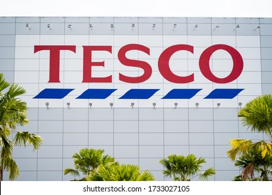 PENANG, MALAYSIA - MAY 14, 2020: Close up of Tesco Hypermarket signboard. 