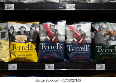 PENANG, MALAYSIA - MAY 14, 2020: Tyrrells Brand Potato Chips Display In Supermarket Shelf