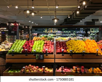 PENANG, MALAYSIA - MAY 19, 2020: Various type of fresh fruits arrange neatly in Gurney Plaza Mercato Grocery storey 