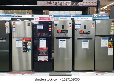 PENANG, MALAYSIA - MAY 26, 2019 : Various brands of Fridge Freezer display in HomePro store. HomePro is a hypermarket of home product and building construction in Malaysia.
