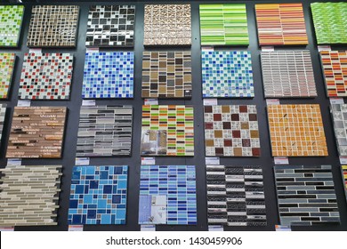 PENANG, MALAYSIA - MAY 3, 2019: View of Modern mosaic tiles display in the HomePro Penang. HomePro is a hypermarket of home electrical product, furniture and building construction in Malaysia.