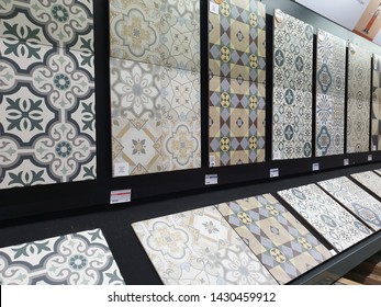 PENANG, MALAYSIA - MAY 3, 2019: View of Modern ceramic tiles display in the HomePro Penang. HomePro is a hypermarket of home electrical product, furniture and building construction in Malaysia.