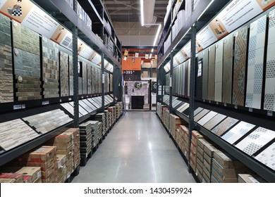 PENANG, MALAYSIA - MAY 3, 2019: View of Modern ceramic tiles display in the HomePro Penang. HomePro is a hypermarket of home electrical product, furniture and building construction in Malaysia.
