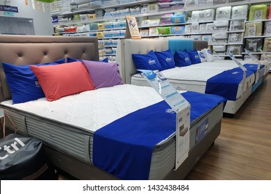 PENANG, MALAYSIA - MAY 3, 2019: View various brand mattresses display in HomePro Penang. HomePro is a hypermarket of home electrical product, furniture and building construction in Malaysia.