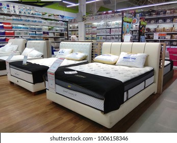 PENANG, MALAYSIA - NOV 16, 2017 : Close up of various brand mattresses display in HomePro Penang. HomePro is a hypermarket of home electrical product, furniture and building construction in Malaysia.