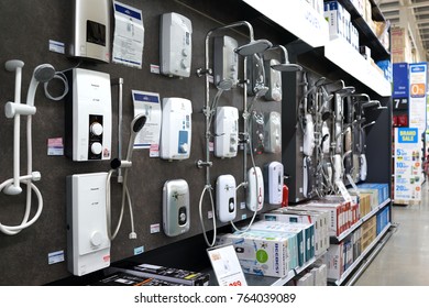 PENANG, MALAYSIA - NOVEMBER 16, 2017 : Various brands of shower and water heater on store shelf at HomePro. HomePro is a hypermarket of home product and building construction in Malaysia.