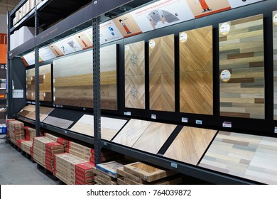 PENANG, MALAYSIA - NOVEMBER 16, 2017 : Modern Ceramic tiles display in the HomePro Penang. HomePro is a hypermarket of home electrical product, furniture and building construction in Malaysia.