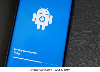 PENANG, MALAYSIA - OCTOBER 2, 2018 : Android phone installing system update in progress. Android is a mobile operating system developed by Google.