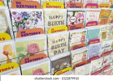 PENANG, MALAYSIA - SEP 13, 2019: Various Design Of Birthday Greeting Cards On Display In A Book Store.