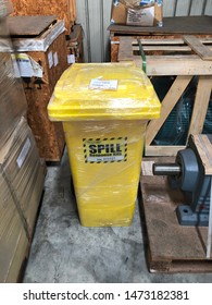 Penang,Malaysia-August 8th,2019:A Spill Kit Dispenser Is Being Located At A Strategic Location For Emergency Use.It’s A Must To Have This Spill Kit To Easily Contain Any Chemical From Flowing Out