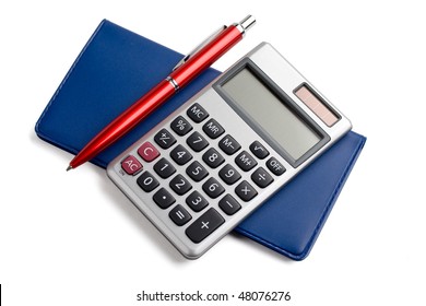 Pen,calculator And Checkbook Isolated On White Background.