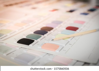 pencil and color samples palette of fabric. For fashion designs and decoration, Start up business.