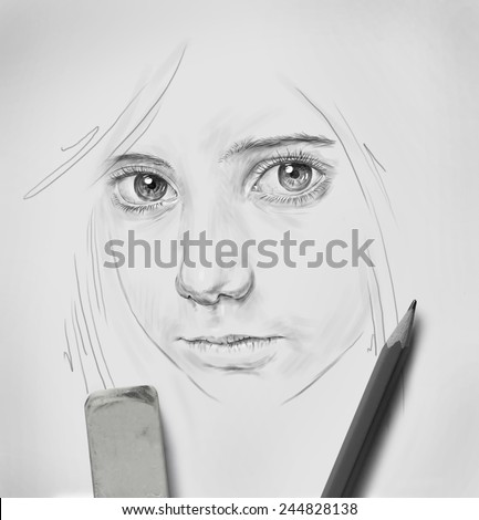 pencil drawing of of beautiful girl with big eyes
