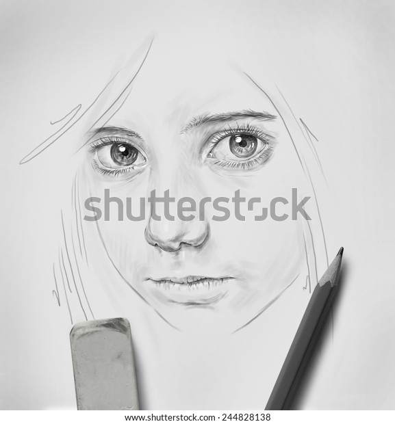 Pencil Drawing Beautiful Girl Big Eyes Stock Photo Edit Now